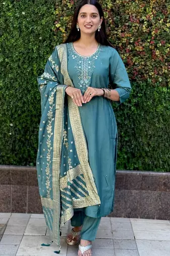 Teal roman silk handwork cotton inner Kurta set