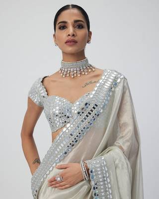 White Color Mirror Work Soft Satin Organza Silk Saree 2