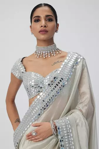 White Color Mirror Work Soft Satin Organza Silk Saree