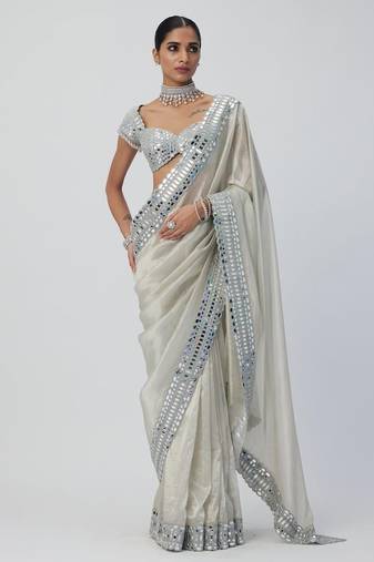 White Color Mirror Work Soft Satin Organza Silk Saree