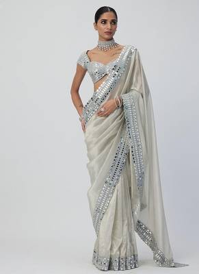 White Color Mirror Work Soft Satin Organza Silk Saree 1