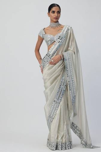 White Color Mirror Work Soft Satin Organza Silk Saree