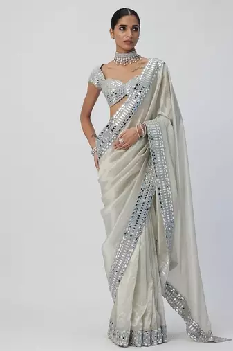 White Color Mirror Work Soft Satin Organza Silk Saree