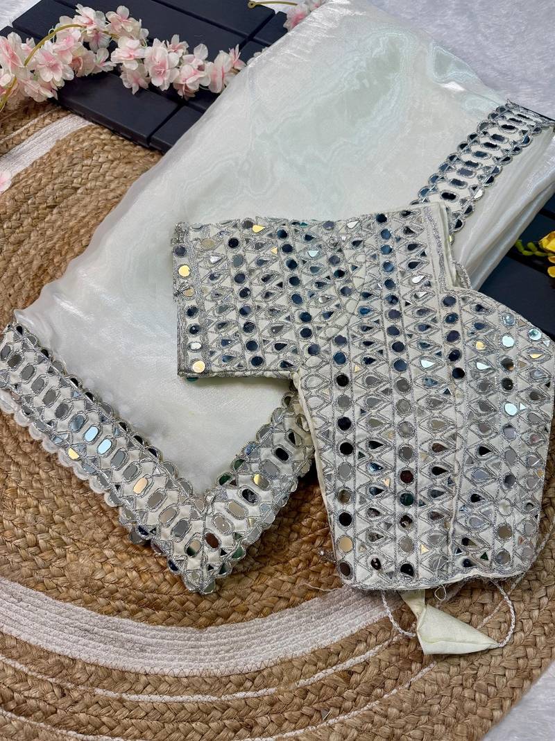 White Color Mirror Work Soft Satin Organza Silk Saree