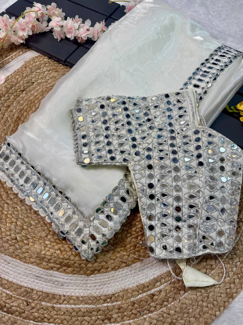 White Color Mirror Work Soft Satin Organza Silk Saree