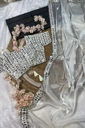 White Color Mirror Work Soft Satin Organza Silk Saree