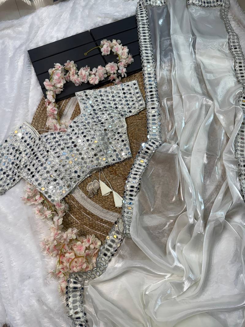 White Color Mirror Work Soft Satin Organza Silk Saree