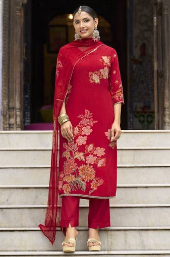 Red pure natural crepe floral printed straight kurta with pant & printed dupatta