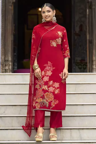 Red pure natural crepe floral printed straight kurta with pant & printed dupatta