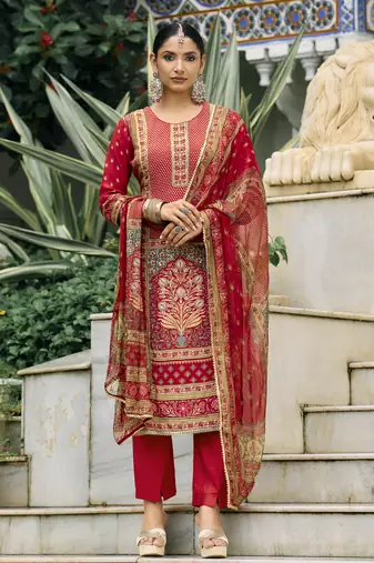 Red pure natural crepe floral printed straight kurta with pant & printed dupatta