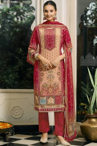 Red pure natural crepe floral printed straight kurta with pant & printed dupatta