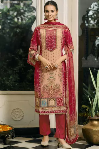 Red pure natural crepe floral printed straight kurta with pant & printed dupatta