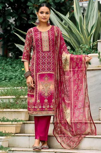Magenta pure natural crepe floral printed straight kurta with pant & printed dupatta