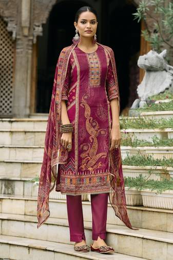 Maroon pure natural crepe floral printed straight kurta with pant & printed dupatta