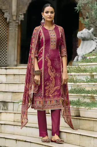 Maroon pure natural crepe floral printed straight kurta with pant & printed dupatta