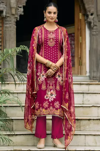 Magenta pure natural crepe floral printed straight kurta with pant & printed dupatta