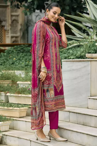 Magenta pure natural crepe floral printed straight kurta with pant & printed dupatta