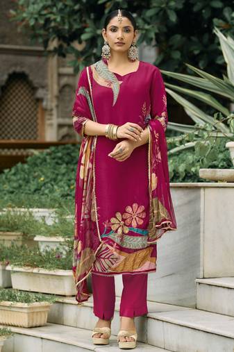 Magenta pure natural crepe floral printed straight kurta with pant & printed dupatta