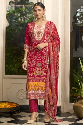 Red pure natural crepe floral printed straight kurta with pant & printed dupatta