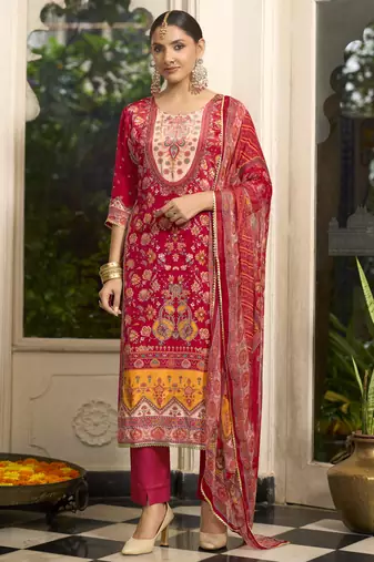 Red pure natural crepe floral printed straight kurta with pant & printed dupatta