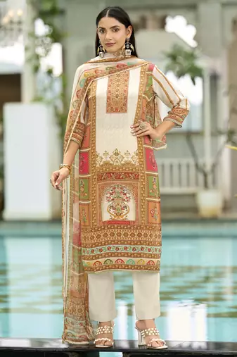 Off-white pure natural crepe floral printed straight kurta with pant & printed dupatta
