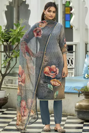 Grey pure natural crepe floral printed straight kurta with pant & printed dupatta