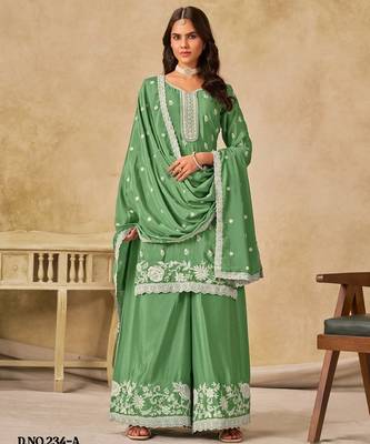 Green heavy chinon palazzo suit with embroidey  1