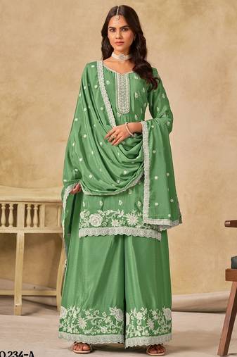 Green heavy chinon semi stitched palazzo suit with embroidey work
