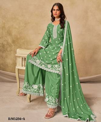 Green heavy chinon palazzo suit with embroidey  2
