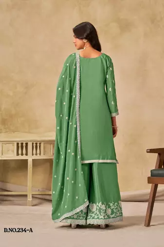 Green heavy chinon palazzo suit with embroidey 