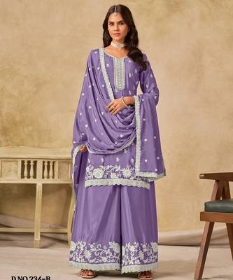 Lavender heavy chinon palazzo suit with embroidey  1