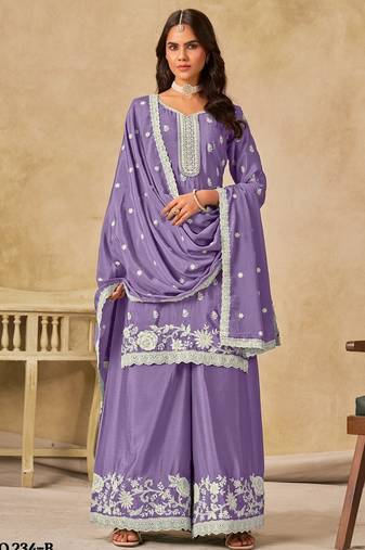 Lavender heavy chinon semi stitched palazzo suit with embroidey work