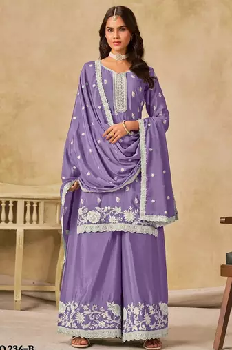Lavender heavy chinon semi stitched palazzo suit with embroidey work