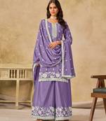 Lavender heavy chinon semi stitched palazzo suit with embroidey work