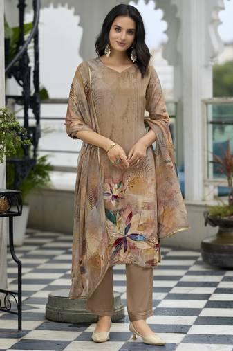 Taupe pure natural crepe floral printed straight kurta with pant & printed dupatta