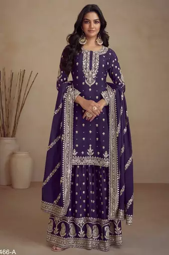 Violet heavy vichitra silk semi stitched suit with sequence & multi work
