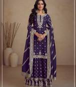 Violet heavy vichitra silk semi stitched suit with sequence & multi work