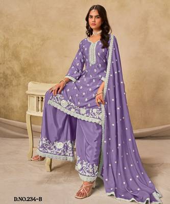 Lavender heavy chinon palazzo suit with embroidey  2