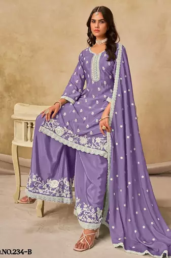 Lavender heavy chinon palazzo suit with embroidey 
