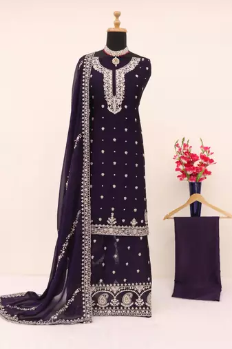 Violet heavy vichitra silk suit with sequin & multi 