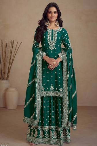 Green heavy vichitra silk semi stitched suit with sequence & multi work