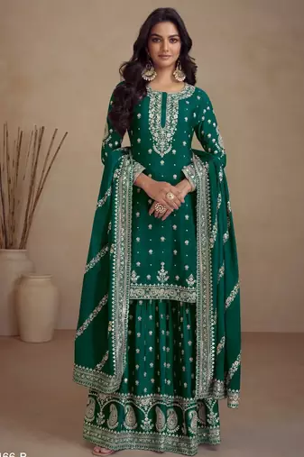 Green heavy vichitra silk semi stitched suit with sequence & multi work