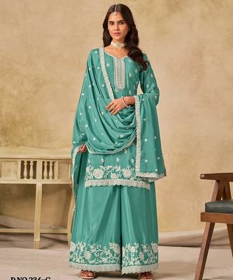Sky blue heavy chinon palazzo suit with embroidey  1