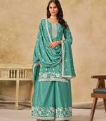 Sky blue heavy chinon semi stitched palazzo suit with embroidey work