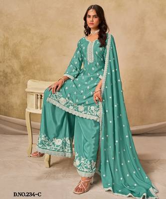 Sky blue heavy chinon palazzo suit with embroidey  2