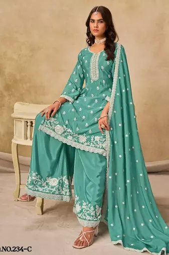 Sky blue heavy chinon palazzo suit with embroidey 