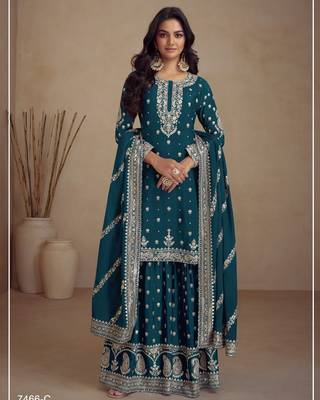 Teal heavy vichitra silk suit with sequin & multi  1