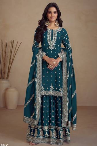 Teal heavy vichitra silk semi stitched suit with sequence & multi work