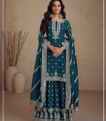 Teal heavy vichitra silk semi stitched suit with sequence & multi work