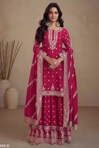 Red heavy vichitra silk semi stitched suit with sequence & multi work